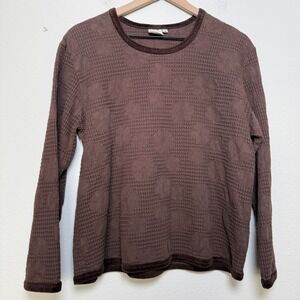 Focus USA‎ Women Waffle Knit Top Medium Chocolate Brown Velour Trim Floral Long